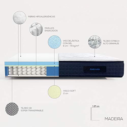 DUÉRMETE ONLINE Colchón Madeira de Muelles Ensacados + Viscoelástica con 7 Zonas de Descanso, Independencia de Lechos, Firmeza Media, Visco, 135 x 180