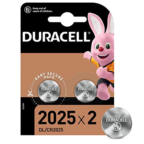 Duracell - Pilas de botón de litio 2025 de 3 V, paquete de 2, con Tecnología Baby Secure, para uso en llaves con sensor magnético, básculas, elementos vestibles, dispositivos médicos (DL2025/CR2025)