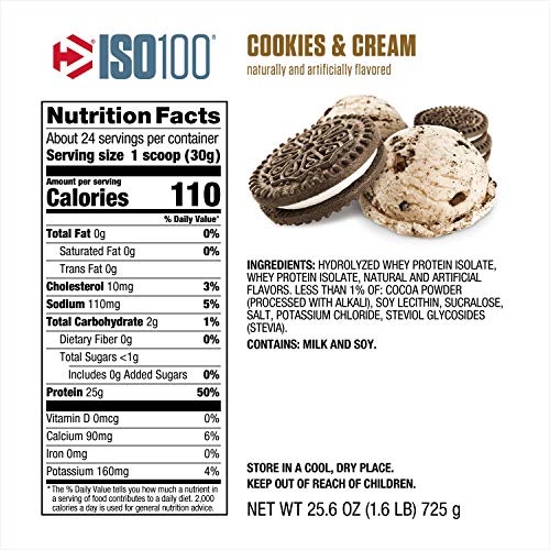 Dymatize Nutrition Dymatize, Proteína Hidrolizada en Polvo Iso100, 100% Proteína de Suero, sin Gluten, de Rápida Absorción, Fácil Digestión, Galleta y Crema, 1.6 Libras 720 g