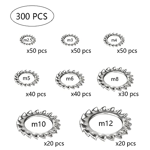 Dzsomt Arandelas Dentadas 300 piezas Arandela de Bloqueo Dentada Acero Inoxidable de Arandelas Herramienta de Sujeción Arandelas Dentadas Externas Juego de Surtido (M2,5 M3 M4 M5 M6 M8 M10 M12)