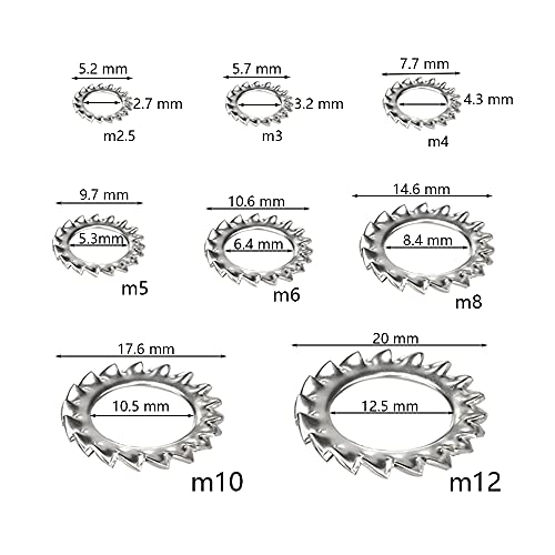 Dzsomt Arandelas Dentadas 300 piezas Arandela de Bloqueo Dentada Acero Inoxidable de Arandelas Herramienta de Sujeción Arandelas Dentadas Externas Juego de Surtido (M2,5 M3 M4 M5 M6 M8 M10 M12)