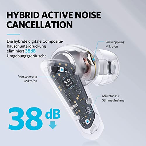 EarFun Auriculares Bluetooth Air Pro con cancelación de ruido activo híbrido, auriculares inalámbricos con 6 micrófonos, graves profundos estéreo, 32 horas de tiempo de reproducción