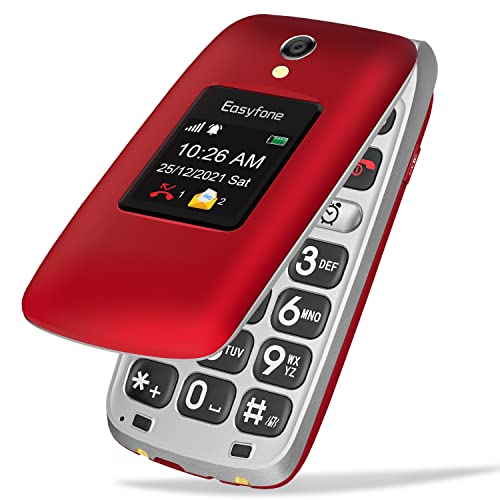 Easyfone Prime-A1 Pro gsm Teléfono Móvil para Mayores con Tapa, Botón SOS con GPS, Audífonos Compatibles, Batería 1500mAh, Telefonos basicos para Mayores con Base de Carga (Rojo)