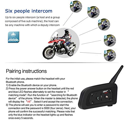 Ejeas V6 Pro 1200M Auriculares Intercomunicador Moto Inalambrico Bluetooth para Motocicletas, Impermeabilidad Intercomunicador Casco Moto, Comunicador Moto hasta 6 Jinetes(1 Paquete)