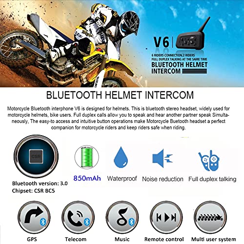 Ejeas V6 Pro 1200M Auriculares Intercomunicador Moto Inalambrico Bluetooth para Motocicletas, Impermeabilidad Intercomunicador Casco Moto, Comunicador Moto hasta 6 Jinetes(1 Paquete)