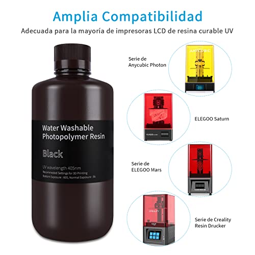 ELEGOO Lavable con Agua Resina Impresora 3D Resina Rápida para Impresora LCD Resina Líquida 3D Curado UV Resina de 405 nm para Impresión LCD Fotopolímero Resina Negro 500g