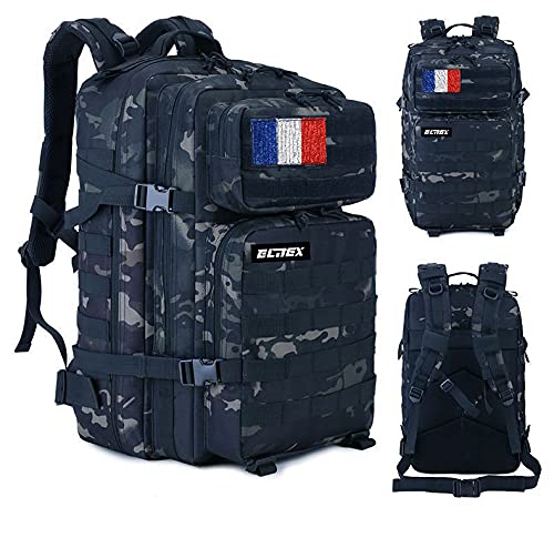 ELITEX Mochila 45L Táctica Militar Bandera Francia Impermeable Deportiva Caza Aire Libre Deportes Gimnasio Portati (Negro Camuflaje)