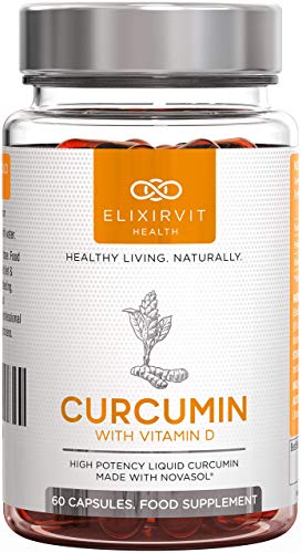 Elixirvit Curcumina líquida con vitamina D, 185 veces más biodisponible que la cúrcuma/curcumina típica – Absorción inmediata – Potente curcumina NovaSOL, 60 cápsulas