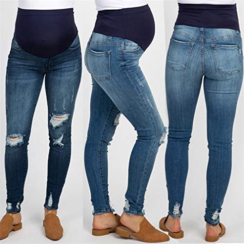 Embarazadas Mujer Rotos Vaqueros Vientre Prop Elasticidad Leggings Banda para Barriga Pantalón Streetwear Over Bump Pantalones Azul S-5XL