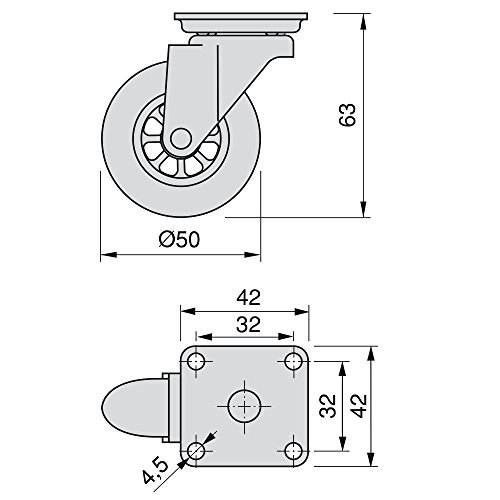 EMUCA - Lote de 4 Ruedas pivotantes para Mueble Ø50mm con Placa de Montaje y rodamiento de Bolas, Ruedas de Goma para Muebles Color Transparente