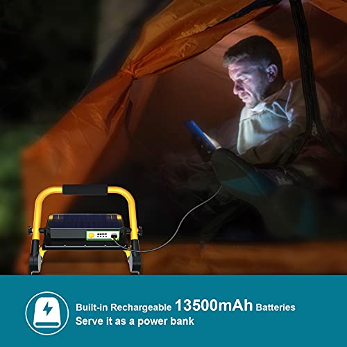 ERAY Foco LED Recargable, Foco Trabajo LED Batería 13500mAh/ 8000 Lúmenes/Panel Solar/ 4 Modos de Iluminación/con Mando a Distancia, Ideal para Camping, Trabajo, Pesca, Color Negro y Amarillo