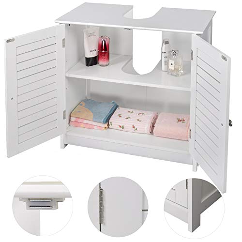 eSituro Mueble Bajo Lavabo Armario de Suelo para Baño Mueble de Baño Organizador 2 Puertas, MDF Blanco 60x30x60cm SBP0024