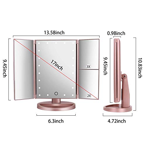 Espejo de Maquillaje con LED, Iluminado Espejo de Mesa Luz con Ampliación 1X / 2X / 3X Plegable Espejo de la Vanidad Rotación 180° Pantalla Táctil Espejo Cosmético para Hombre y Mujer