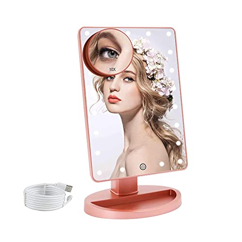 Espejo Maquillaje con Luz LED Aumento 1X/10X, Espejo Cosmético Iluminado de Mesa,180 Rotación, Brillo Adjustable Espejo de Tocador Portátil