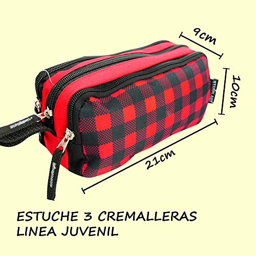 Estuche Escolar STARPLAST - Porta Todo, 3 Cremalleras, 3 Compartimentos, Gran Capacidad, Multiuso, para Uso Escolar, Trabajo, Universidad - Cuadros