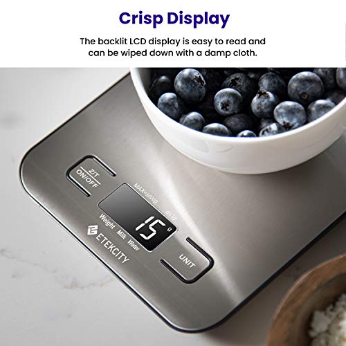 Etekcity Báscula de Cocina Digital de Acero Inoxidable, Balanza Cocina de Alta Precisión 5 kg/ 11 lbs, Peso Cocina con Pantalla LCD, Multifuncional, 2 Baterías Incluidas, EK6020