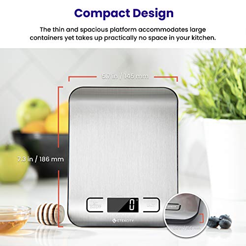 Etekcity Báscula de Cocina Digital de Acero Inoxidable, Balanza Cocina de Alta Precisión 5 kg/ 11 lbs, Peso Cocina con Pantalla LCD, Multifuncional, 2 Baterías Incluidas, EK6020