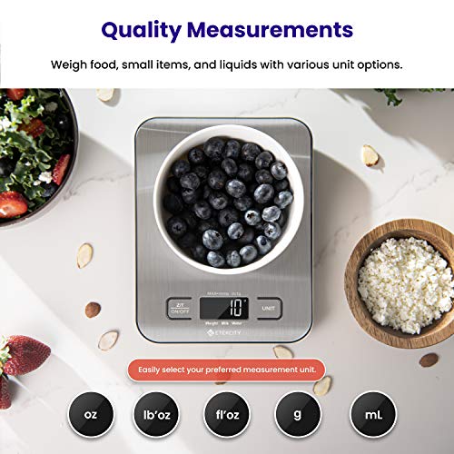 Etekcity Báscula de Cocina Digital de Acero Inoxidable, Balanza Cocina de Alta Precisión 5 kg/ 11 lbs, Peso Cocina con Pantalla LCD, Multifuncional, 2 Baterías Incluidas, EK6020