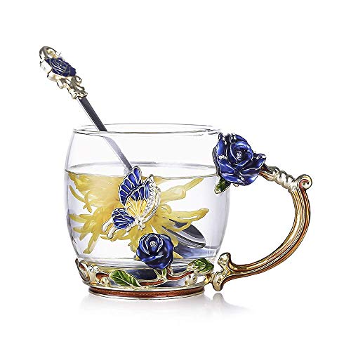 Evecase -Esmalte Hecha a Mano Cristal Taza,Taza de Té y Café, Motivo 3D de Mariposas y Flores,Regalos Originales para Mujer Esposa Friends Mama Profesora Amiga Cumpleaños Navidad Dia de la Madre