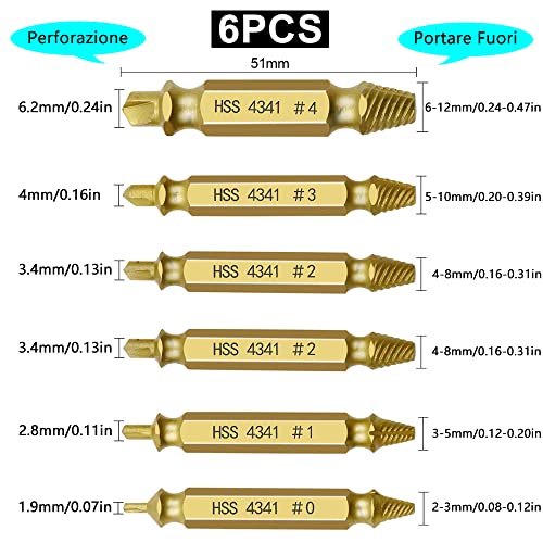 Extractor de Tornillos Rotos 6pcs Juego de Extractores de Tornillos Extractores de Tornillos de Perforación Elimina los Tornillos Dañados Removedor de Tornillos Saca Tornillos Rotos(Dorado)