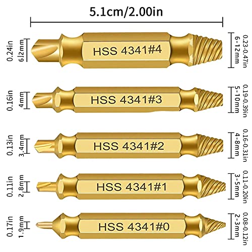 Extractor de Tornillos，6 tipos diferentes de extractores de tornillos, herramienta para quitar tornillos rotos HSS 4341, apto para quitar tornillos dañados o agrietados (dorados)