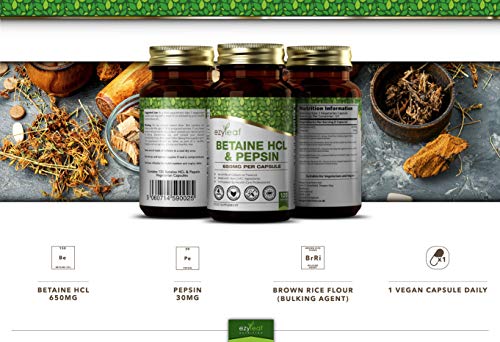 Ezyleaf Betaina HCL con Pepsina 650mg | 120 Cápsulas Veganas de Alta Potencia | Para Apoyar la Salud del Cuerpo | Sin Gluten, OGM, Alergenos o Lacteos