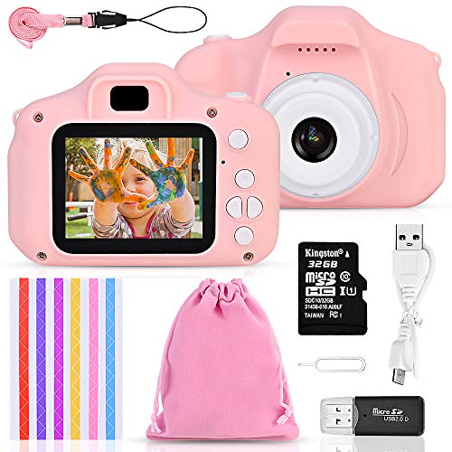 Faburo Set de Cámara de Fotos Digital para Niños, Cámara Infantil con Tarjeta de Memoria Micro SD 32GB, Cámara Digital Video cámara Infantil para Niños Niñas Regalos de cumpleaños, 1080P, Rosa