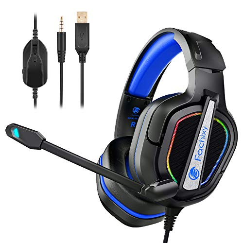 Fachixy Cascos Gaming para PS4/PS5/PC/Xbox One/Nintendo Switch, Auriculares Gaming Cancelación de Ruido, Cascos con Microfono Estéreo Sonido, Cascos PS4 con 3.5mm Jack con Luz RGB (Negro Azul)