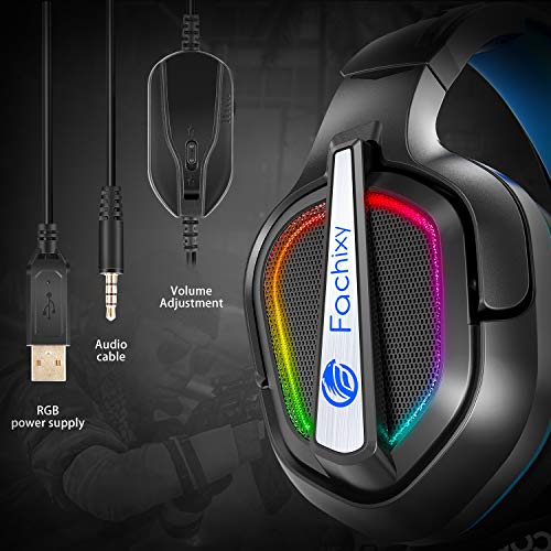 Fachixy Cascos Gaming para PS4/PS5/PC/Xbox One/Nintendo Switch, Auriculares Gaming Cancelación de Ruido, Cascos con Microfono Estéreo Sonido, Cascos PS4 con 3.5mm Jack con Luz RGB (Negro Azul)