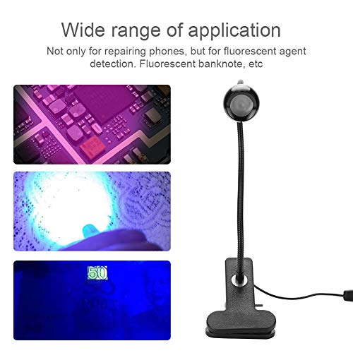 FAMKIT Big Chip 395nm UV LED negro accesorios de luz con cuello de cisne y abrazadera para uñas de gel UV y curado ultravioleta, reparación de teléfono portátil Ultra Violet Blacklight 5V entrada USB