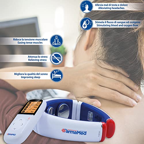 FARMAMED Electroestimulador cuello, Terapia con calor para dolores musculares, Electroestimulador cervical multifunción con control remoto con pantalla LCD