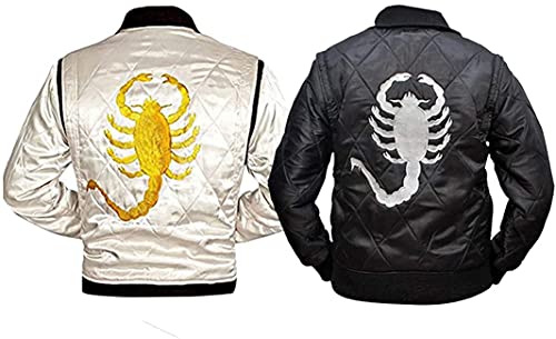 Fashion_First Chaqueta de satén para hombre con logotipo de Drive Scorpion bordado blanco bomber