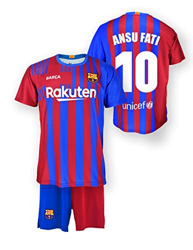 FC. Barcelona Conjunto Camiseta y pantalón Replica 1ª EQ Temporada 2021/22 - Producto con Licencia - Dorsal 10 ANSU FATI - 100% Poliéster - Talla niño 8 años
