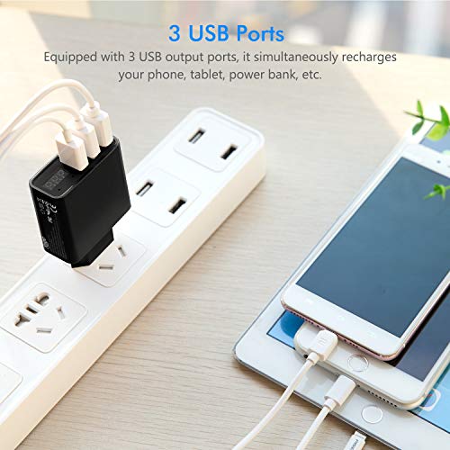 Feigo Cargador USB de 3 puertos Quick Charger de 30W con cargador de pared con pantalla digital LED para iPhone, iPad, Samsung Galaxy, Nexus, HTC, LG y otros (Negro)