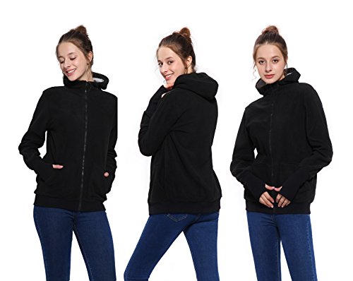 F.G.Y 3 en 1 Mama Chaqueta Sudadera Canguro con Capucha, Abrigo Premamá para Mujer Multifunción, Calentar Portabebés Chaqueta con Baby Bolsillos (Negro, L)