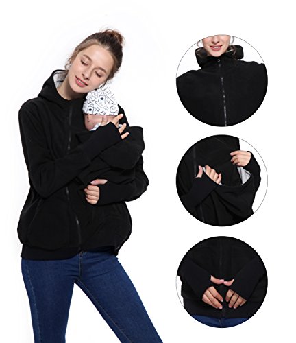 F.G.Y 3 en 1 Mama Chaqueta Sudadera Canguro con Capucha, Abrigo Premamá para Mujer Multifunción, Calentar Portabebés Chaqueta con Baby Bolsillos (Negro, L)