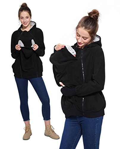 F.G.Y 3 en 1 Mama Chaqueta Sudadera Canguro con Capucha, Abrigo Premamá para Mujer Multifunción, Calentar Portabebés Chaqueta con Baby Bolsillos (Negro, L)