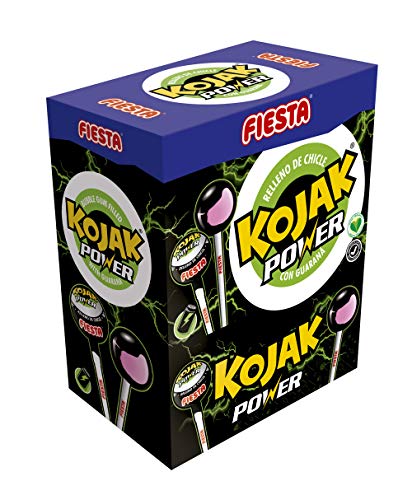 FIESTA Kojak Power Caramelo con Palo Sabor Bebida Energética Relleno de Chicle - Con Guaraná - Caja de 100 unidades