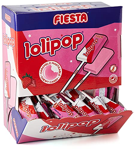 FIESTA Lolipop Caramelo Masticable con Palo Sabor Fresa - Caja de 100 unidades