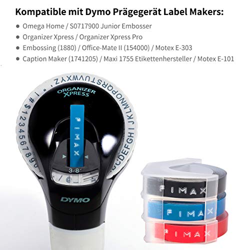 Fimax 3D 9mm x 3m(Largo) Embossing Cintas de Etiquetas Compatibles para Dymo 3D Embossing Impresora Dymo Omega Junior S0717910 S0717940 S0717930, 6x ( Azul x2, negro x2, rojo x2), Auto-adhesive