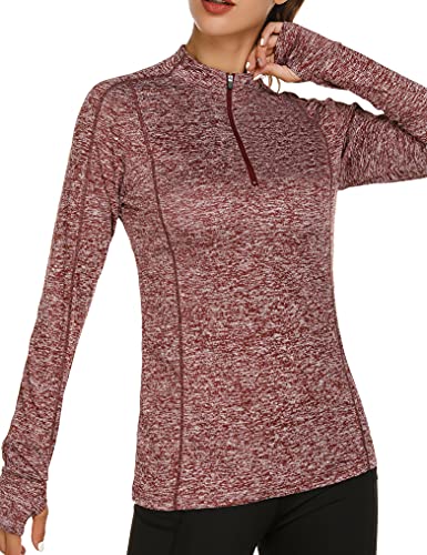 Fipput Camiseta Deporte Mujer de Manga Larga Camisetas Manga Larga Mujer Secado rápido Sudadera de 1/4 Zip con Agujeros para los Pulgares,Rojo,S