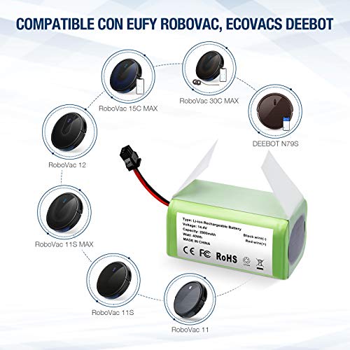 FirstPower 14.4V 2800mAh Batería de Repuesto de Iones de Litio Compatible con Conga Excellence 990, 950, 1090 Y Eufy RoboVac 11, 11S, 30, 35C,includo 3*Cepillo