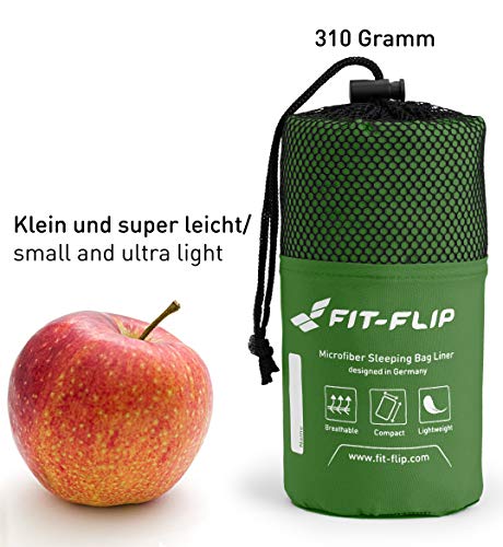 Fit-Flip Sábana Saco de Dormir Ultraligero, Forro de Saco de Dormir de Microfibra con Compartimiento de Almohada añadido, Saco sábana Tambien como Forro de Saco de Dormir - Color: Verde Oscuro