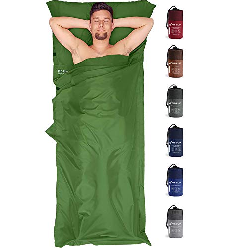 Fit-Flip Sábana Saco de Dormir Ultraligero, Forro de Saco de Dormir de Microfibra con Compartimiento de Almohada añadido, Saco sábana Tambien como Forro de Saco de Dormir - Color: Verde Oscuro