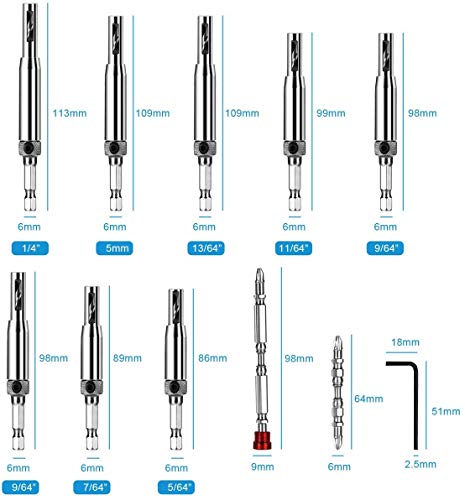 flintronic® Juego de 11 Brocas Centrales, Bisagras Autocentradas, Perforadoras, Herramientas de Carpintería Para Puerta de Armario, Brocas de Ventana de Puerta Ajustable(2/2.8/3.5/4.5/5/5.2/6 /35) mm