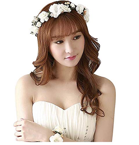 Flor Corona,Diademas de Flores Garland Mujer Venda de Pelo Boho Cinta de Banda para Sombrero Ornamento Fiesta Festival Playa Travle Nupcial Boda Accesorios Ninos Blanco