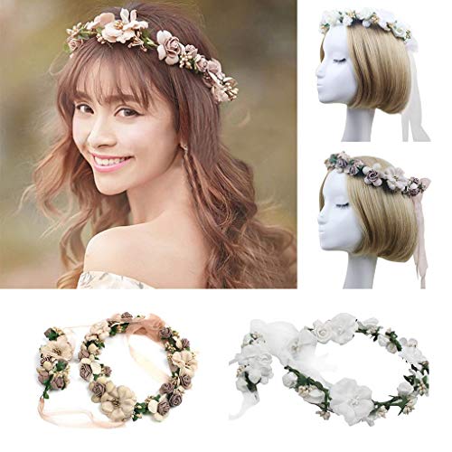 Flor Corona,Diademas de Flores Garland Mujer Venda de Pelo Boho Cinta de Banda para Sombrero Ornamento Fiesta Festival Playa Travle Nupcial Boda Accesorios Ninos Blanco