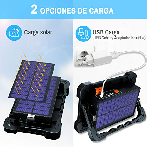 Foco LED Recargable, Foco LED Batería 80W 6000 Lúmenes/Panel Solar/ 4 Modos de Iluminación/Batería Externa de 10000mAh/ Base Magnética