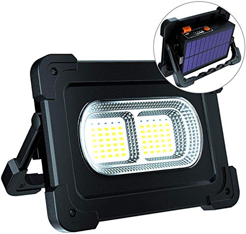 Foco LED Recargable, Foco LED Batería 80W 6000 Lúmenes/Panel Solar/ 4 Modos de Iluminación/Batería Externa de 10000mAh/ Base Magnética