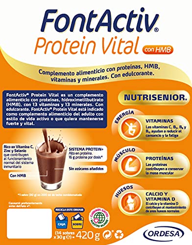 FONTACTIV Protein Vital, Complemento Nutricional Para Adultos, Hiperproteico Con Hmb Y Alto Contenido En Vitaminas Y Minerales, Sabor, 14 Sobres, Chocolate